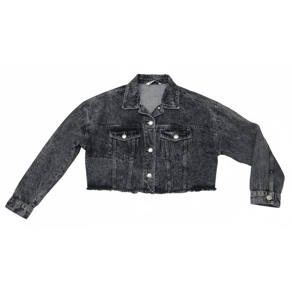Highway Jeans Denim Jacket Womens Large Black Acid Wash Cropped Frayed Hem 1981